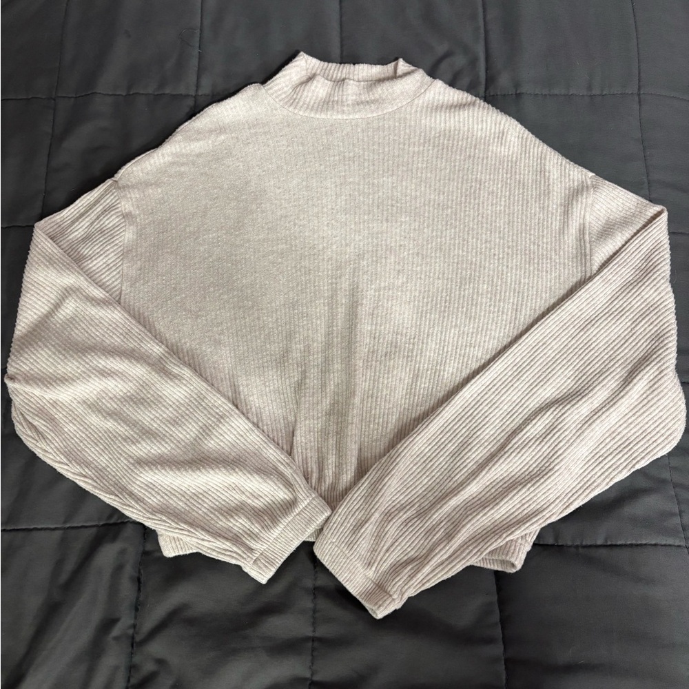 Garage The Mia Mock Neck Ribbed Cropped Long Sleeve Top Oatmeal Cream XS